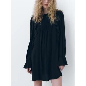 Zara Ruffle Pintuck Mini Dress size XSmall Long Sleeve LBD